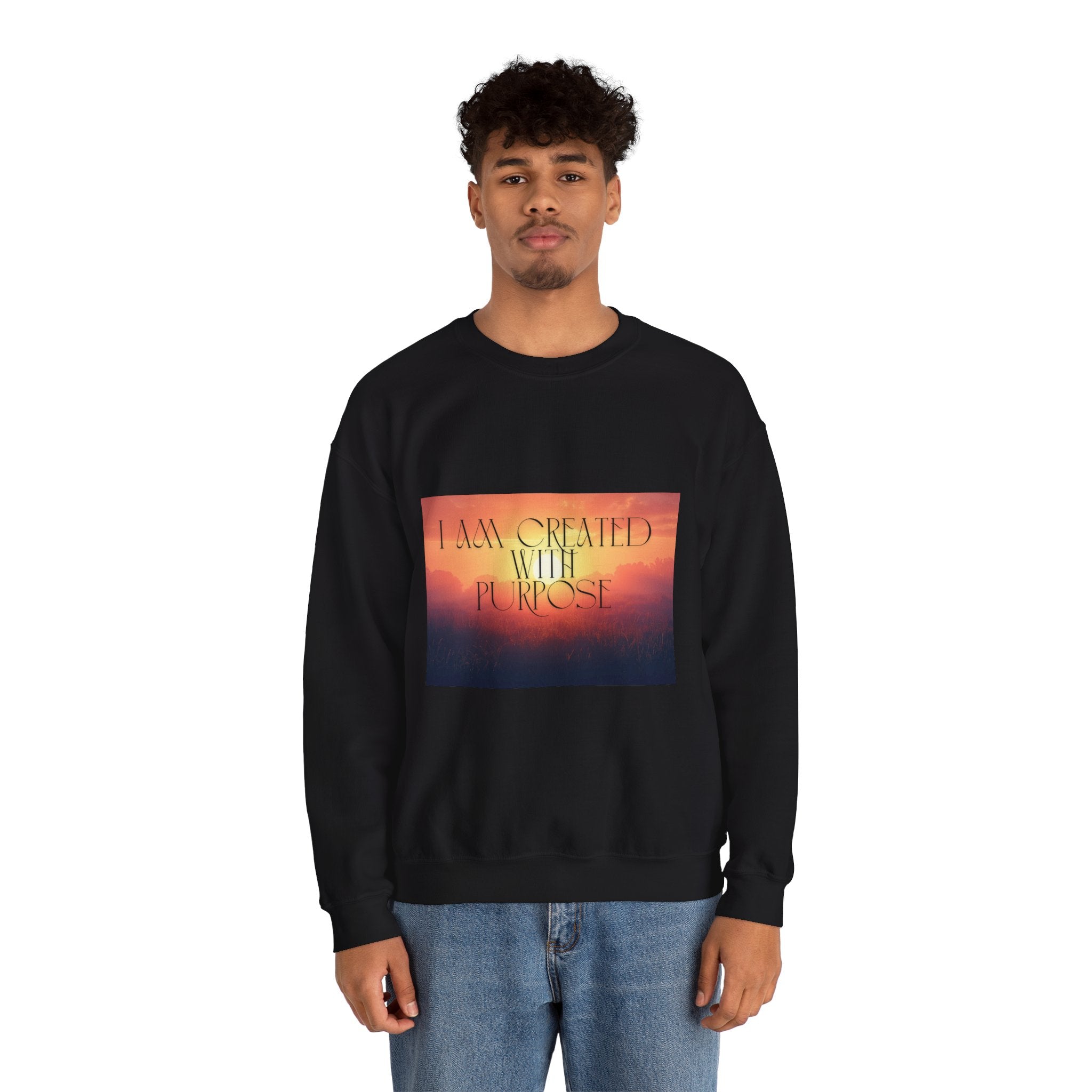 Crewneck Sweatshirt — "I Am Created With Purpose" Inspirational Sunset Design