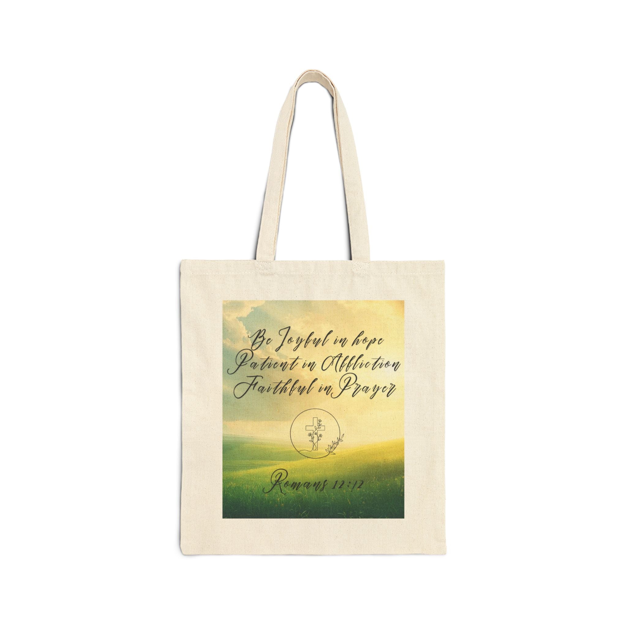 Inspirational Tote Bag – “Be Joyful in Hope” Romans 12:12 Eco Grocery Book Bag