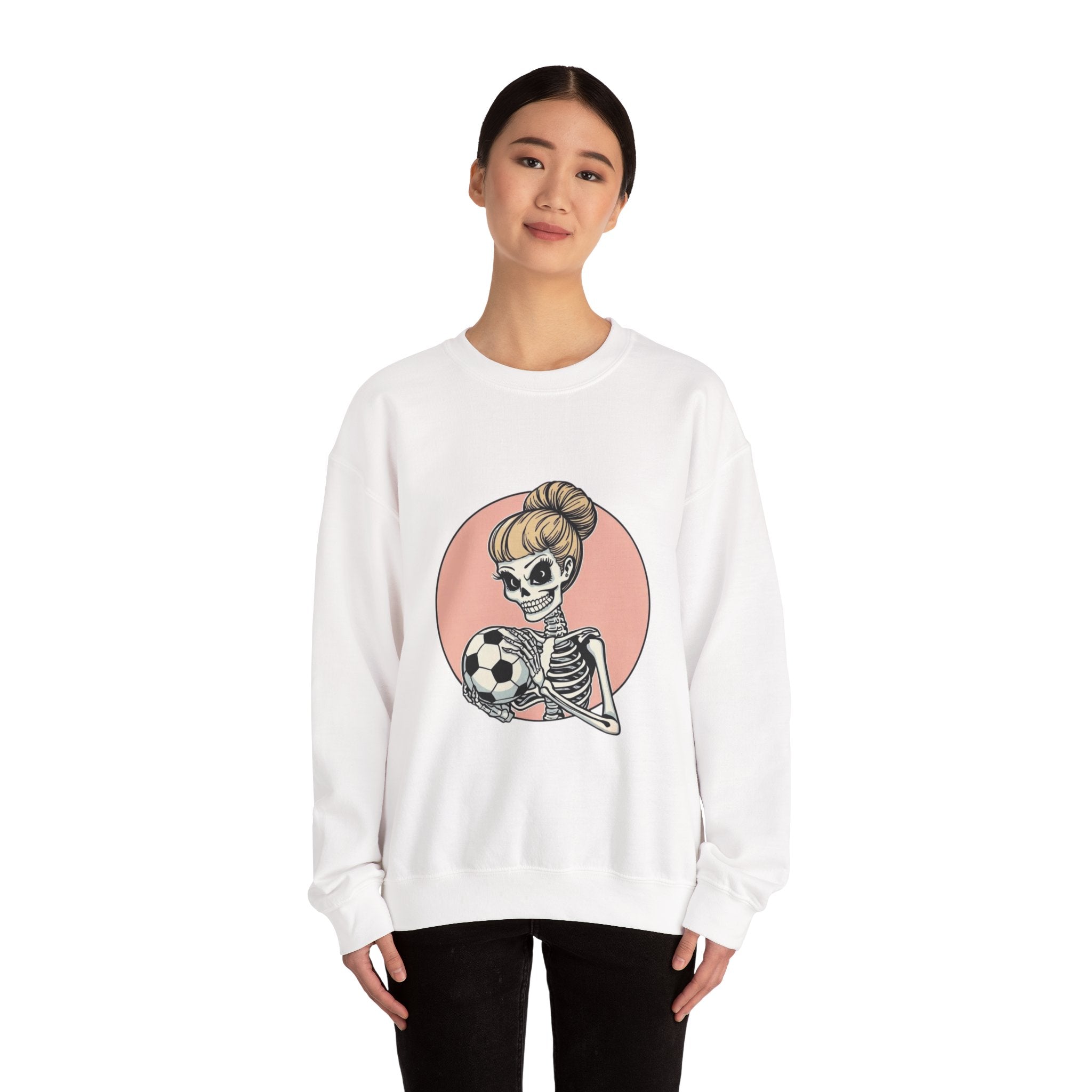 Skeleton Girl Soccer Crewneck Sweatshirt — Cute Gothic Soccer Mom Graphic