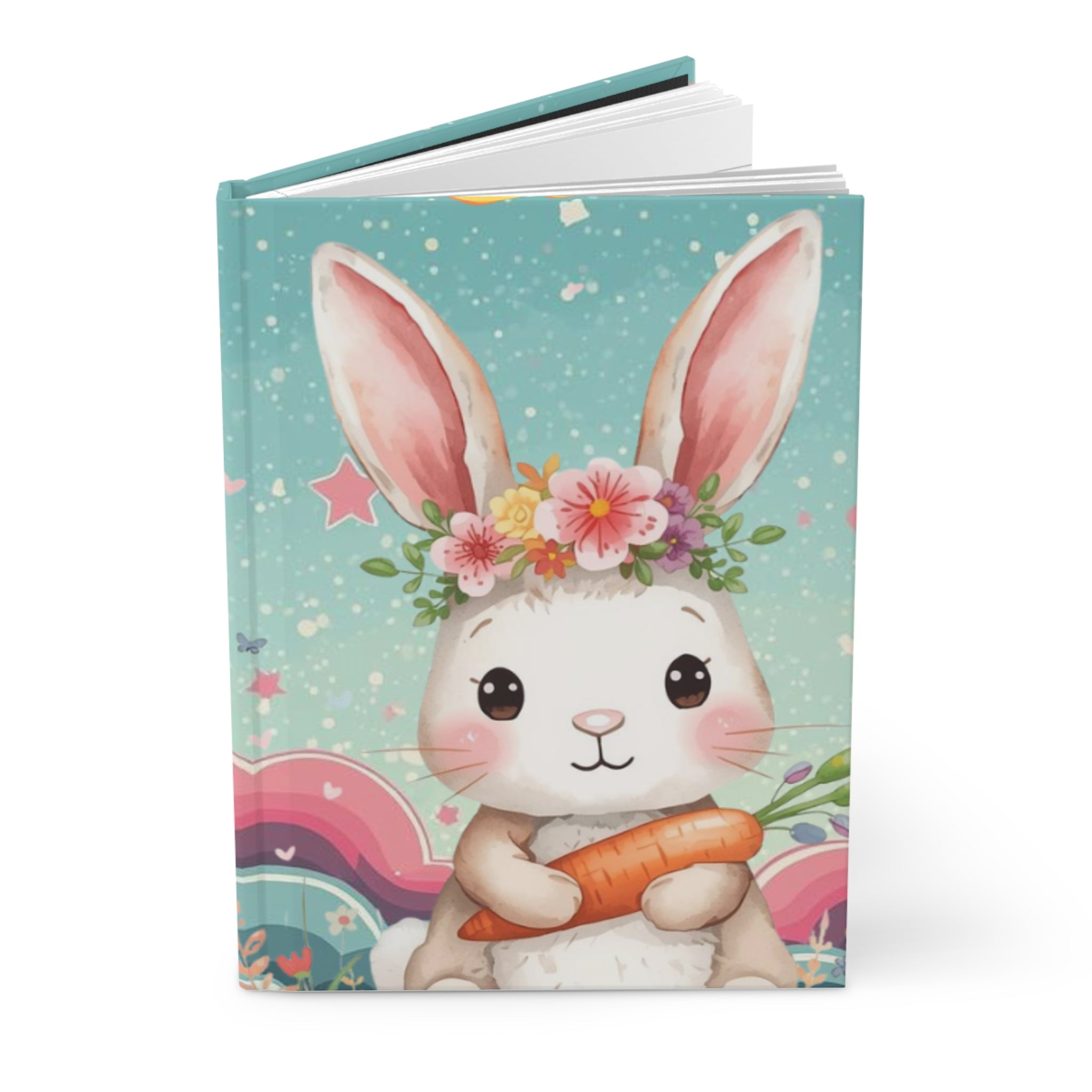 Cute Easter Bunny Hardcover Journal — Floral Crown Rabbit with Carrot Illustration