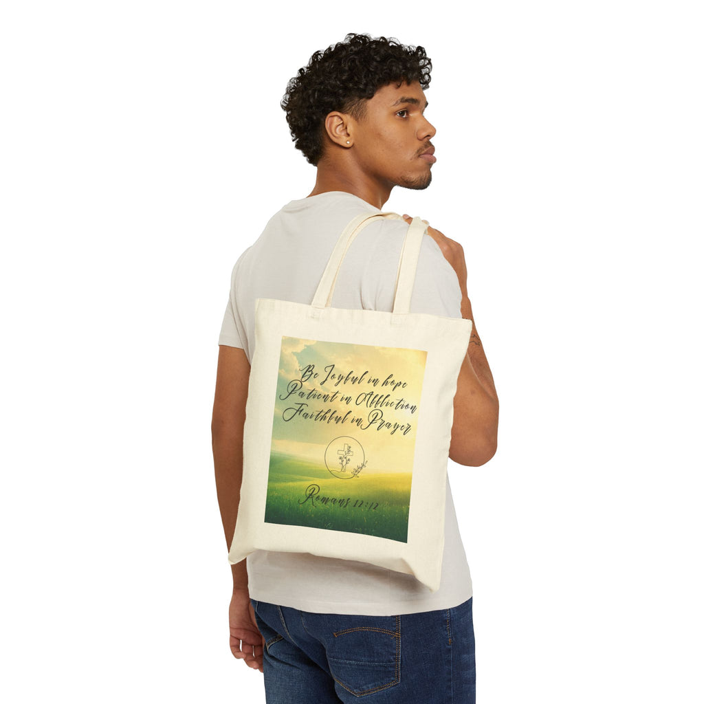 Inspirational Tote Bag – “Be Joyful in Hope” Romans 12:12 Eco Grocery Book Bag