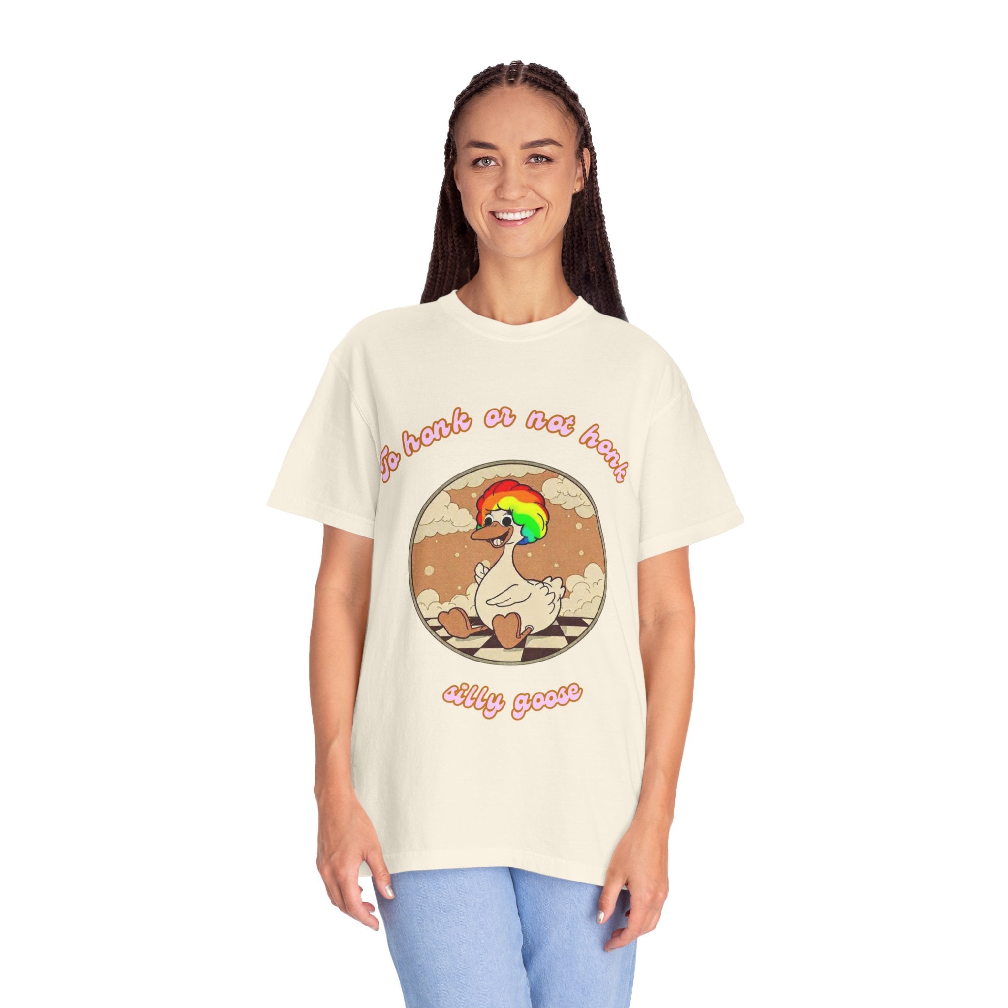 Duck Graphic Tee Shirt — "To honk or not honk, silly goose" Retro Rainbow Design