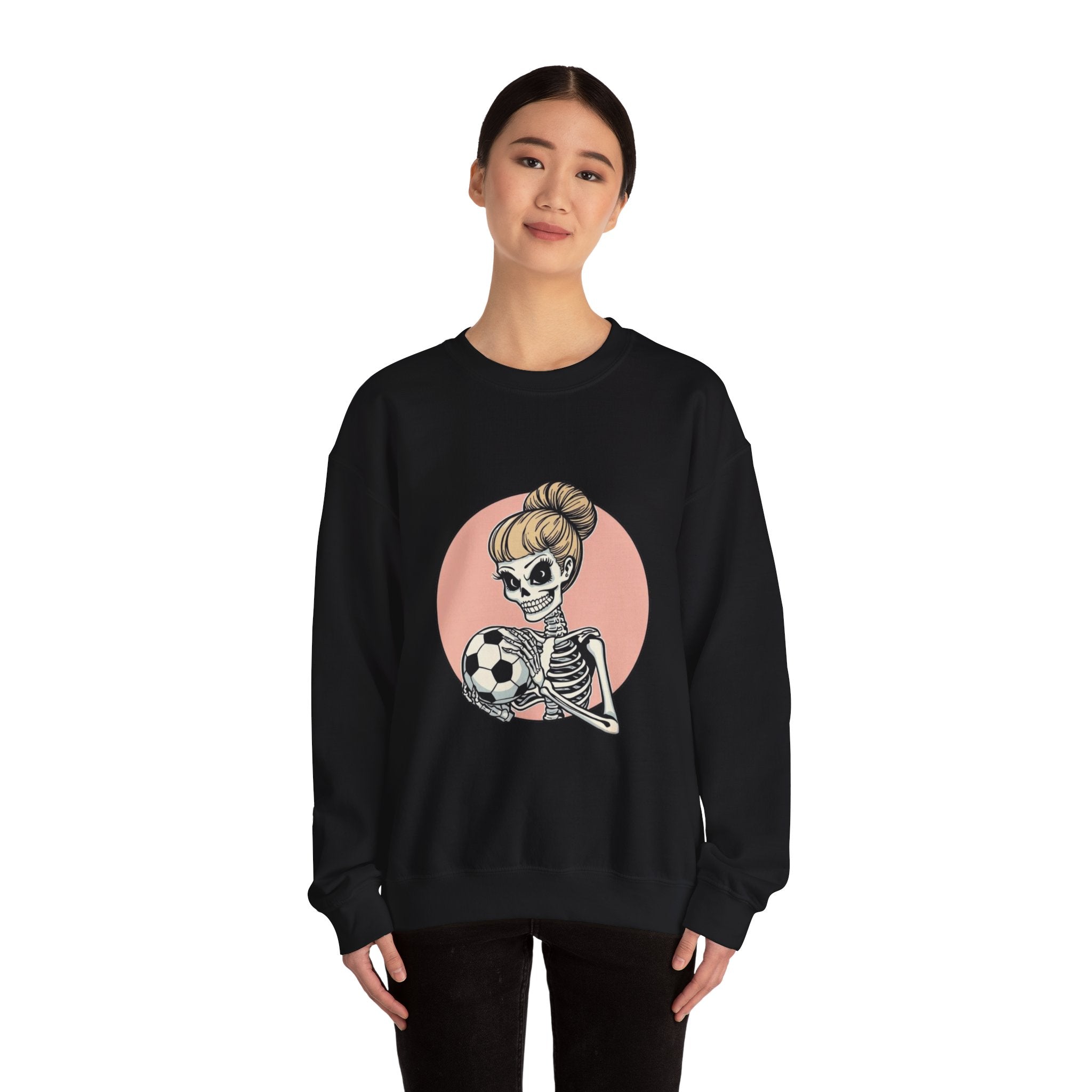 Skeleton Girl Soccer Crewneck Sweatshirt — Cute Gothic Soccer Mom Graphic