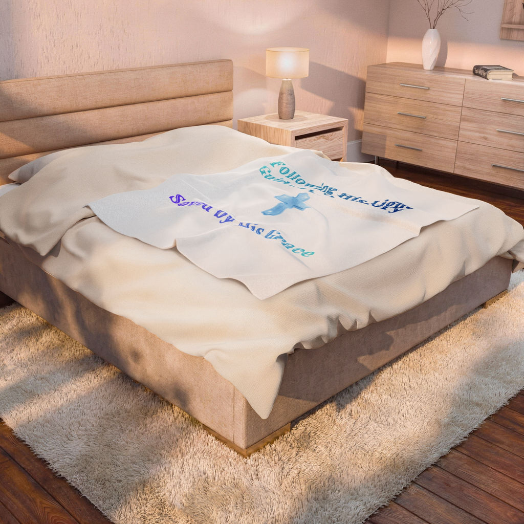 Christian Velveteen Plush Blanket — "Following His Light, Saved by His Grace" (Cross Design)