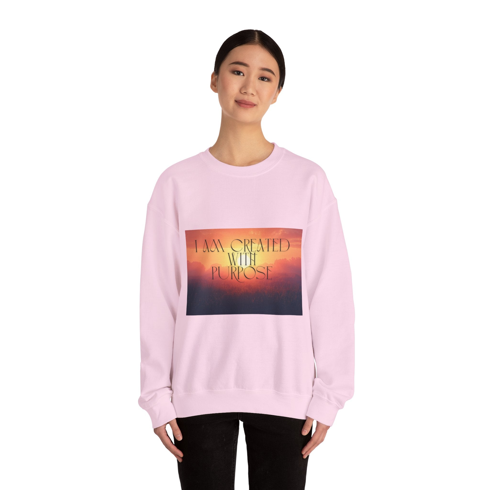 Crewneck Sweatshirt — "I Am Created With Purpose" Inspirational Sunset Design
