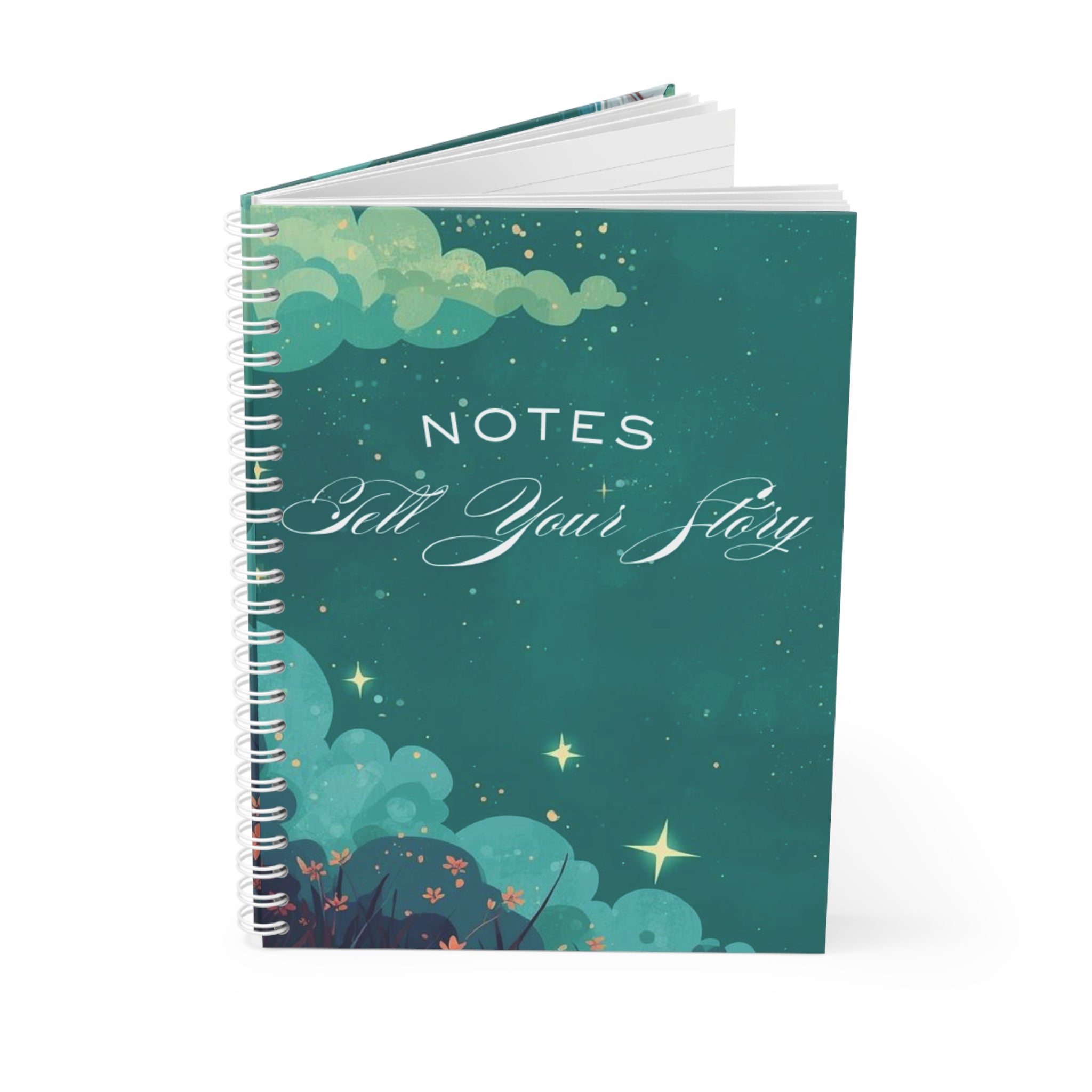 Spiral Notebook — 'Notes: Tell Your Story' Teal Stars and Feather Dream Journal