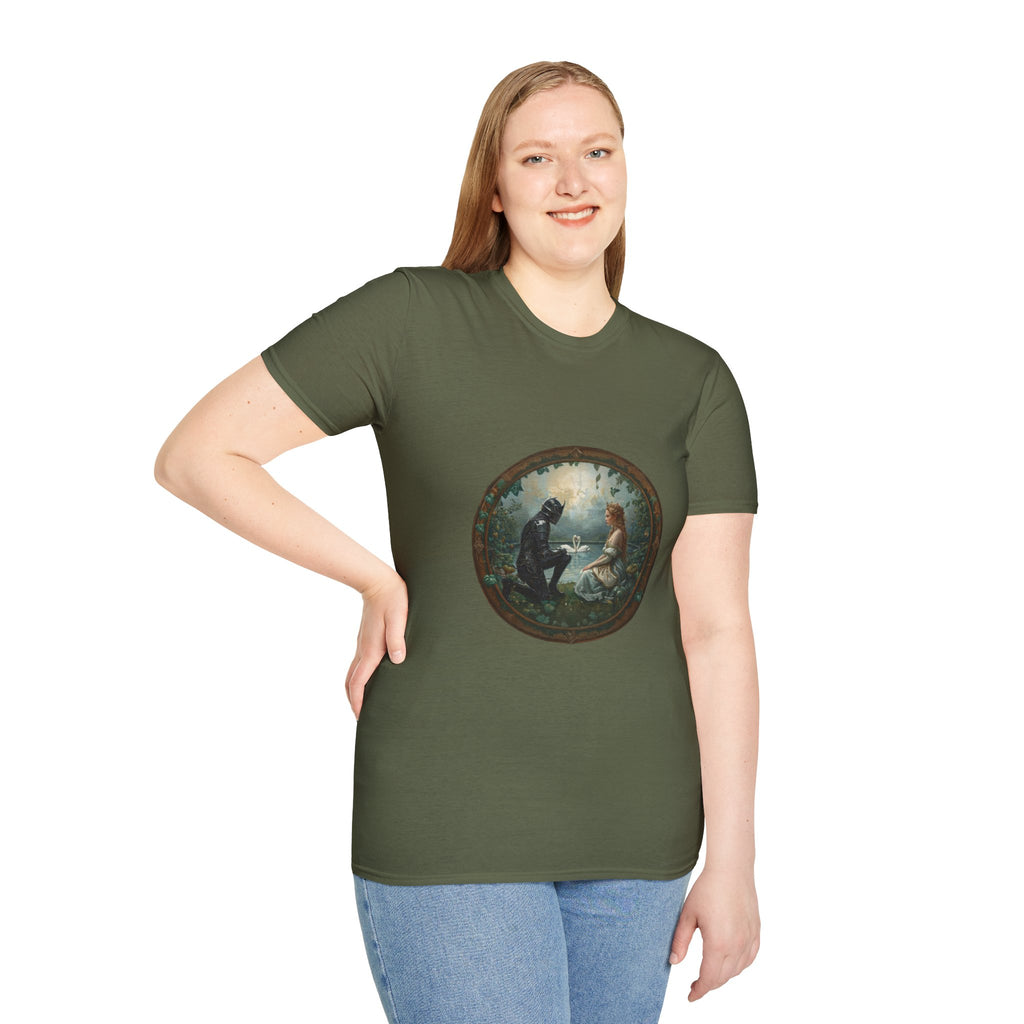 Fated Knight and His Princess; Romantic Forest Illustration T-Shirt — Vintage Moonlight Couple Design
