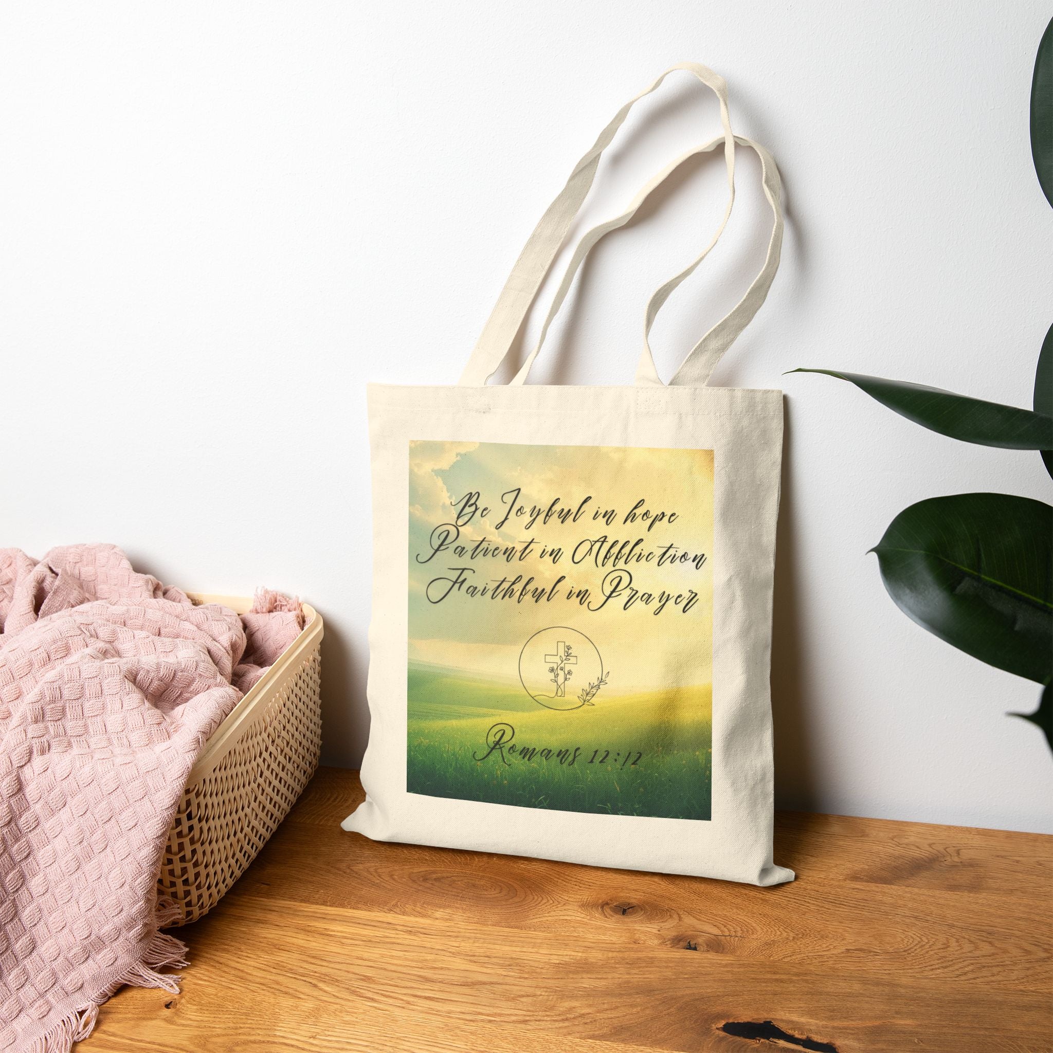 Inspirational Tote Bag – “Be Joyful in Hope” Romans 12:12 Eco Grocery Book Bag