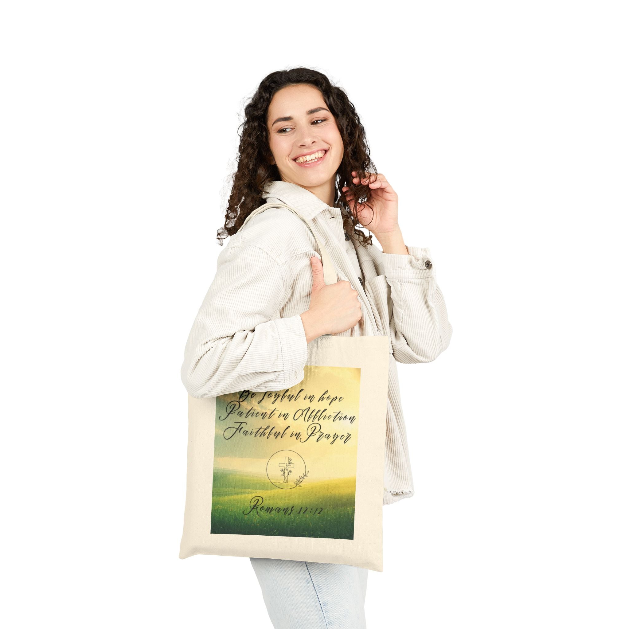 Inspirational Tote Bag – “Be Joyful in Hope” Romans 12:12 Eco Grocery Book Bag