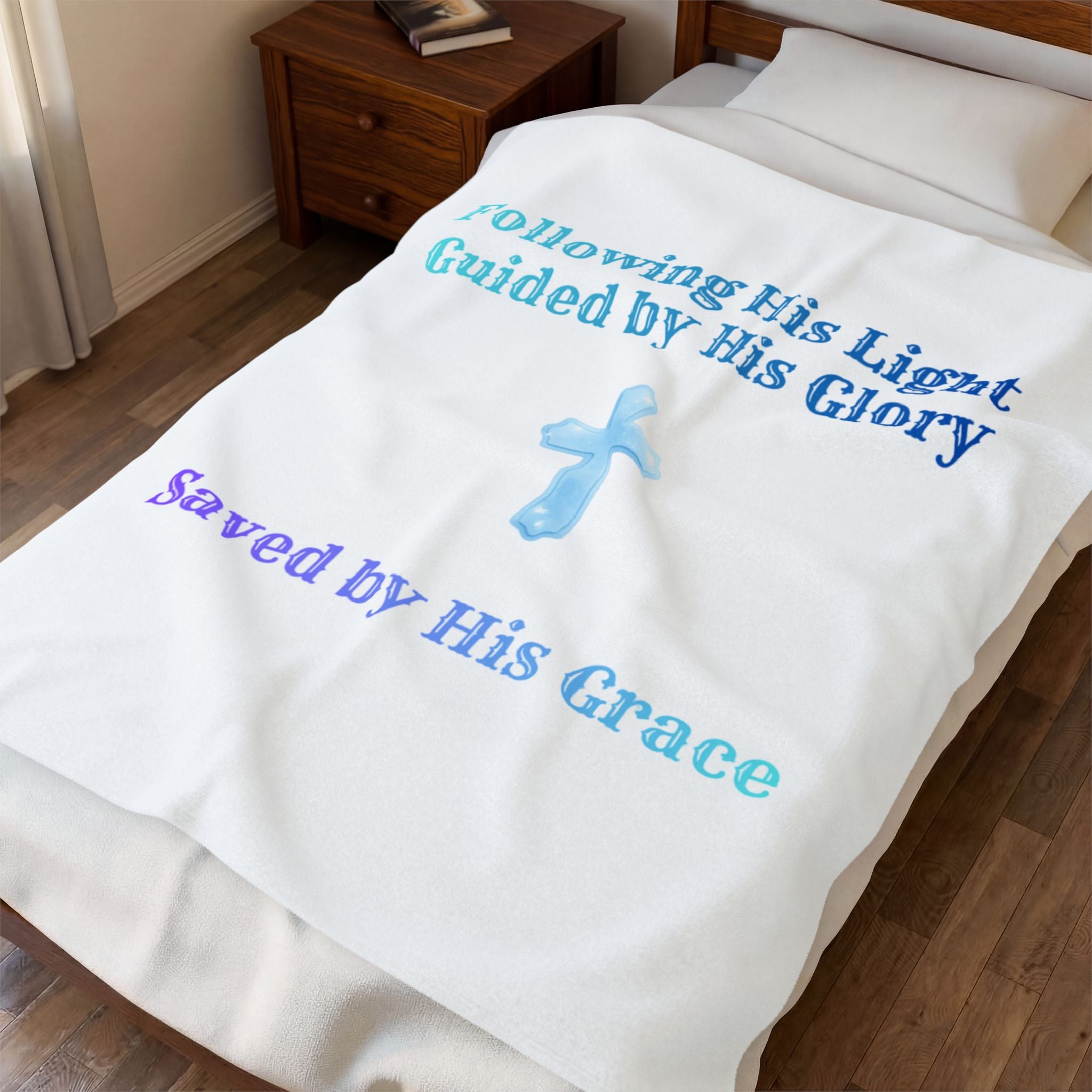 Christian Velveteen Plush Blanket — "Following His Light, Saved by His Grace" (Cross Design)