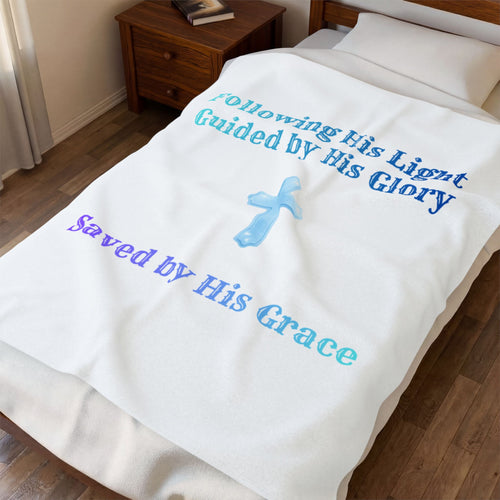 Christian Velveteen Plush Blanket — "Following His Light, Saved by His Grace" (Cross Design)