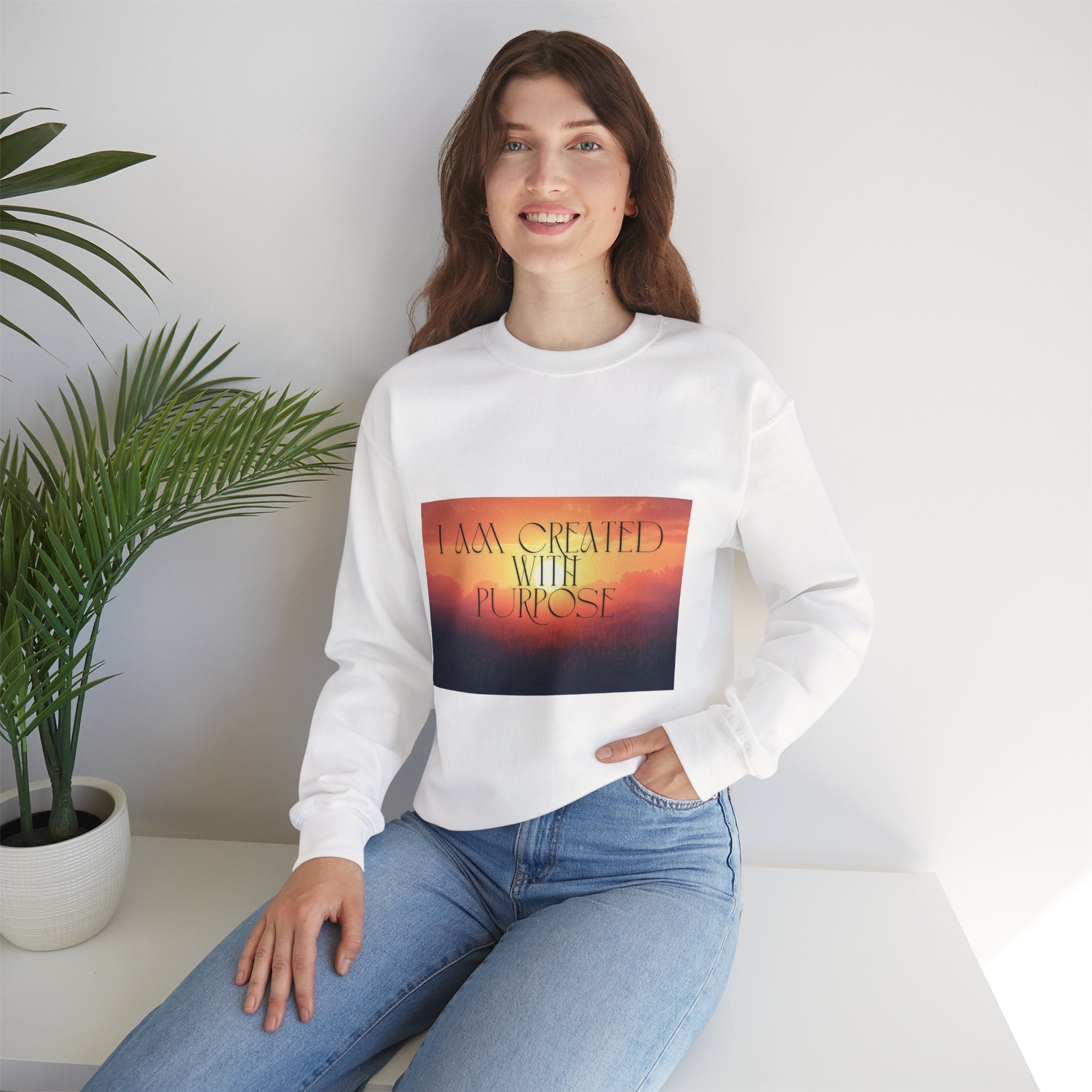 Crewneck Sweatshirt — "I Am Created With Purpose" Inspirational Sunset Design