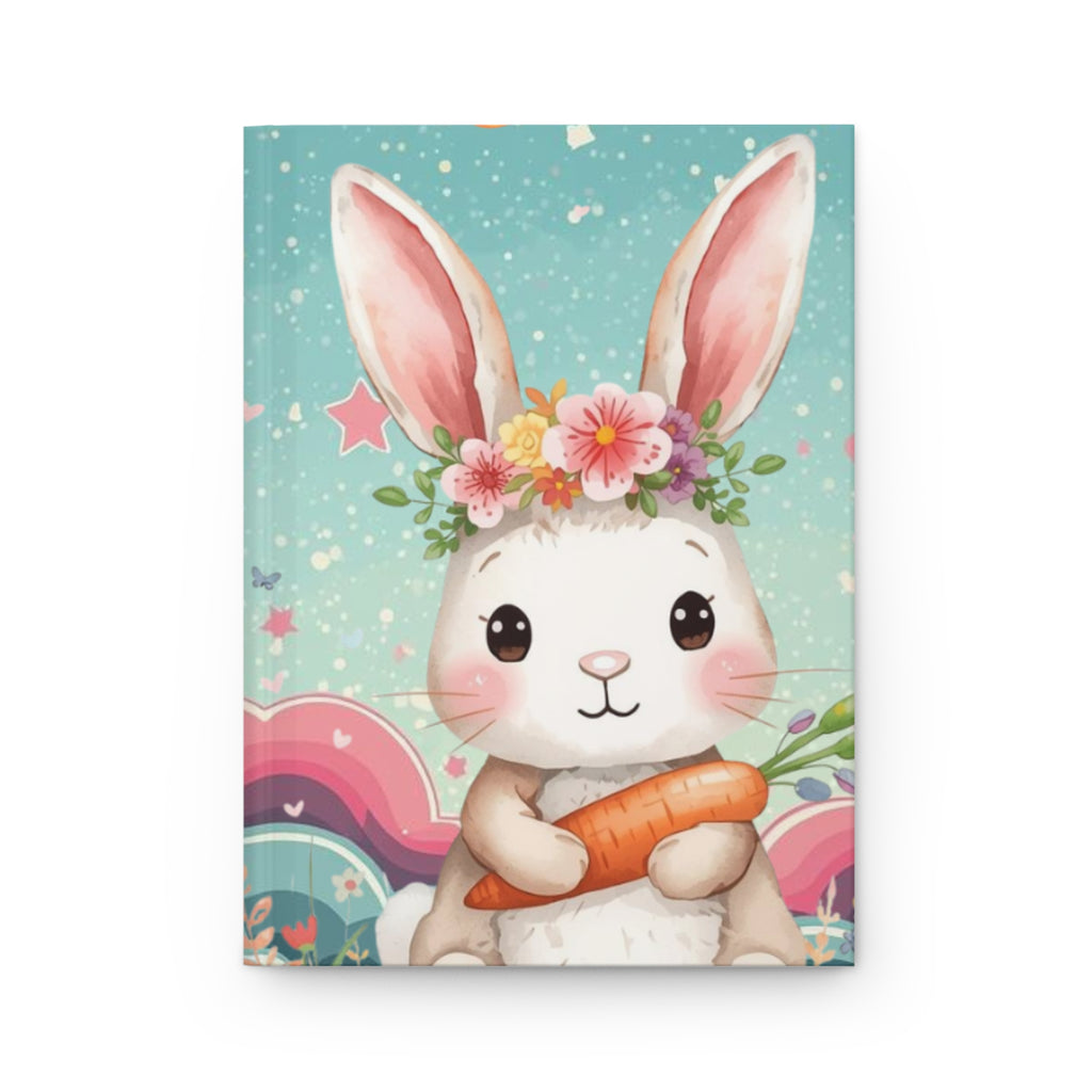 Cute Easter Bunny Hardcover Journal — Floral Crown Rabbit with Carrot Illustration