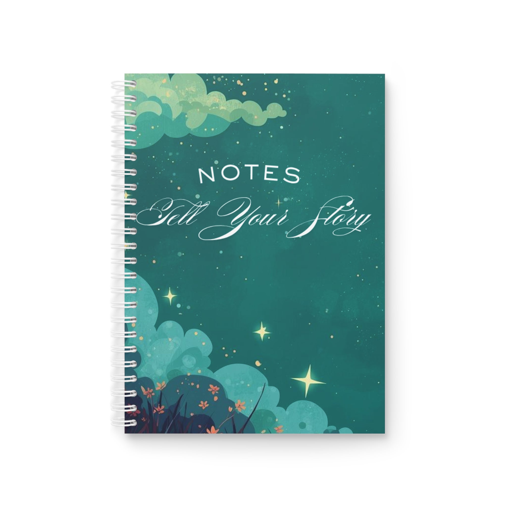 Spiral Notebook — 'Notes: Tell Your Story' Teal Stars and Feather Dream Journal