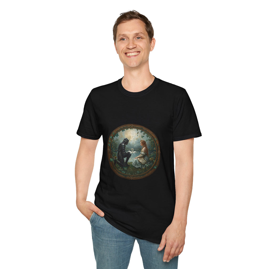 Fated Knight and His Princess; Romantic Forest Illustration T-Shirt — Vintage Moonlight Couple Design