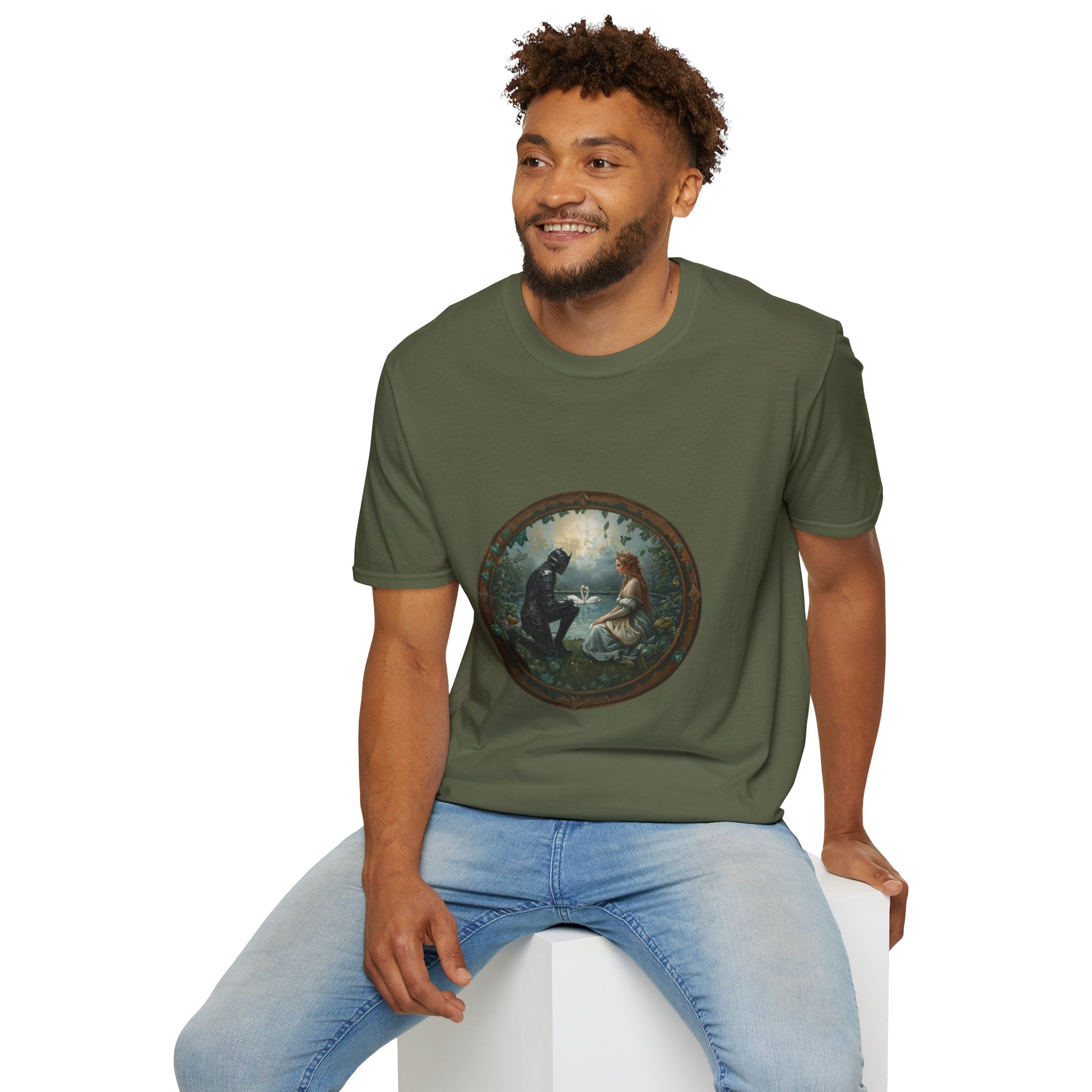 Fated Knight and His Princess; Romantic Forest Illustration T-Shirt — Vintage Moonlight Couple Design